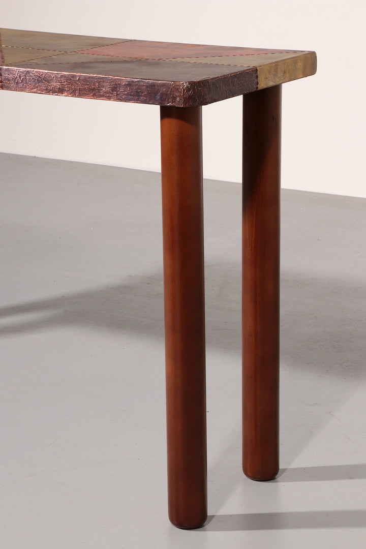 Lorenzo Burchiellaro, side table, copper and stained beechwood, Italy, 1960s.
