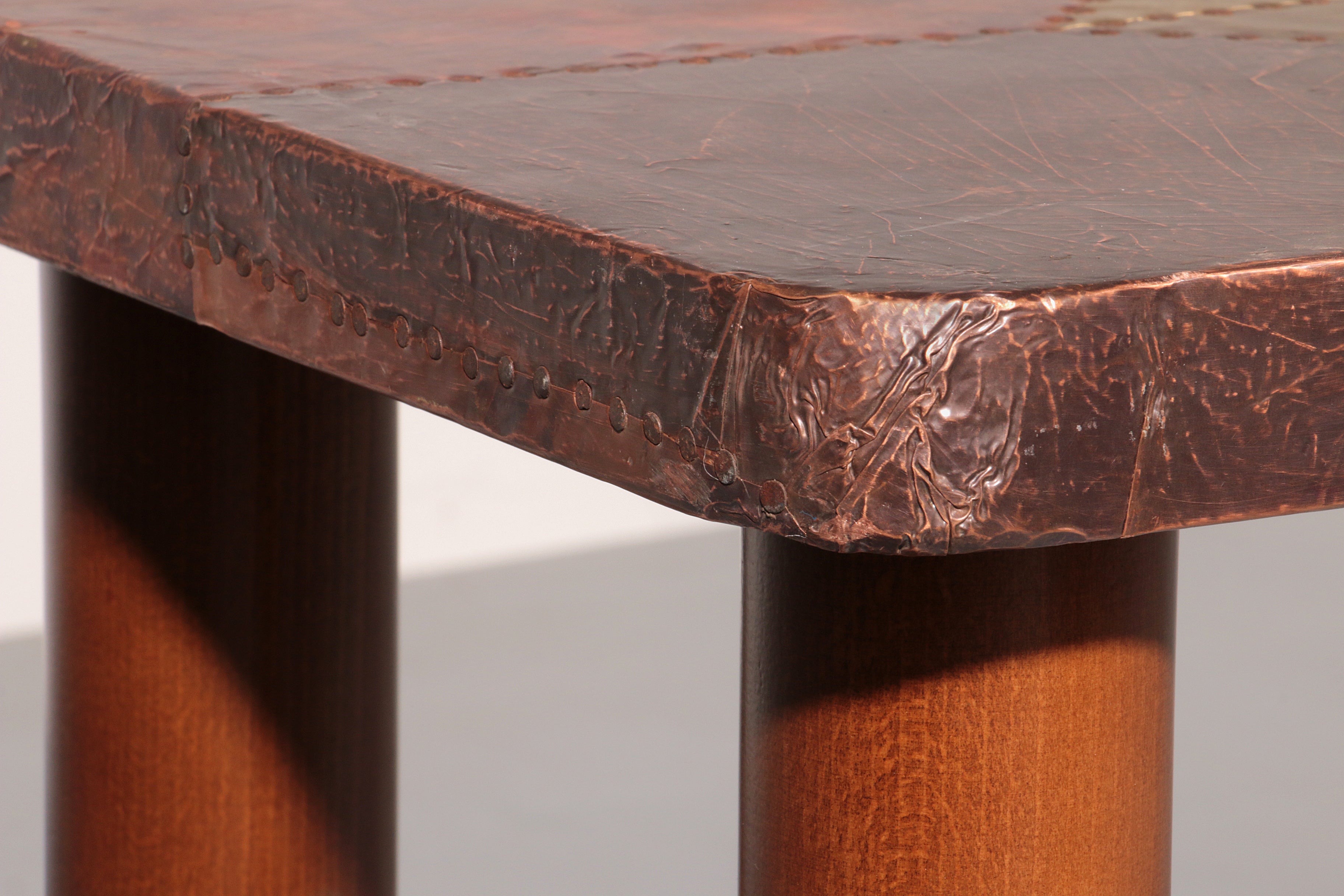 Lorenzo Burchiellaro, side table, copper and stained beechwood, Italy, 1960s.