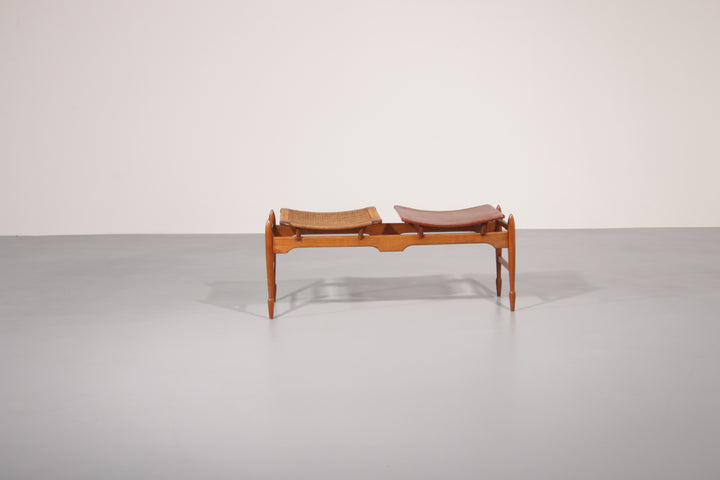 Italian Mid-Century Wooden Bench with Sisal Rope and Cognac Leather Seat – 1960s