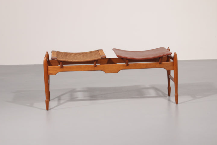 Italian Mid-Century Wooden Bench with Sisal Rope and Cognac Leather Seat – 1960s