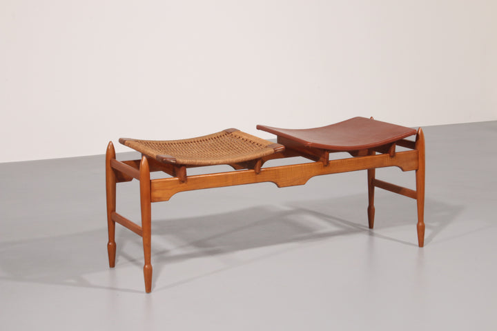 Italian Mid-Century Wooden Bench with Sisal Rope and Cognac Leather Seat – 1960s