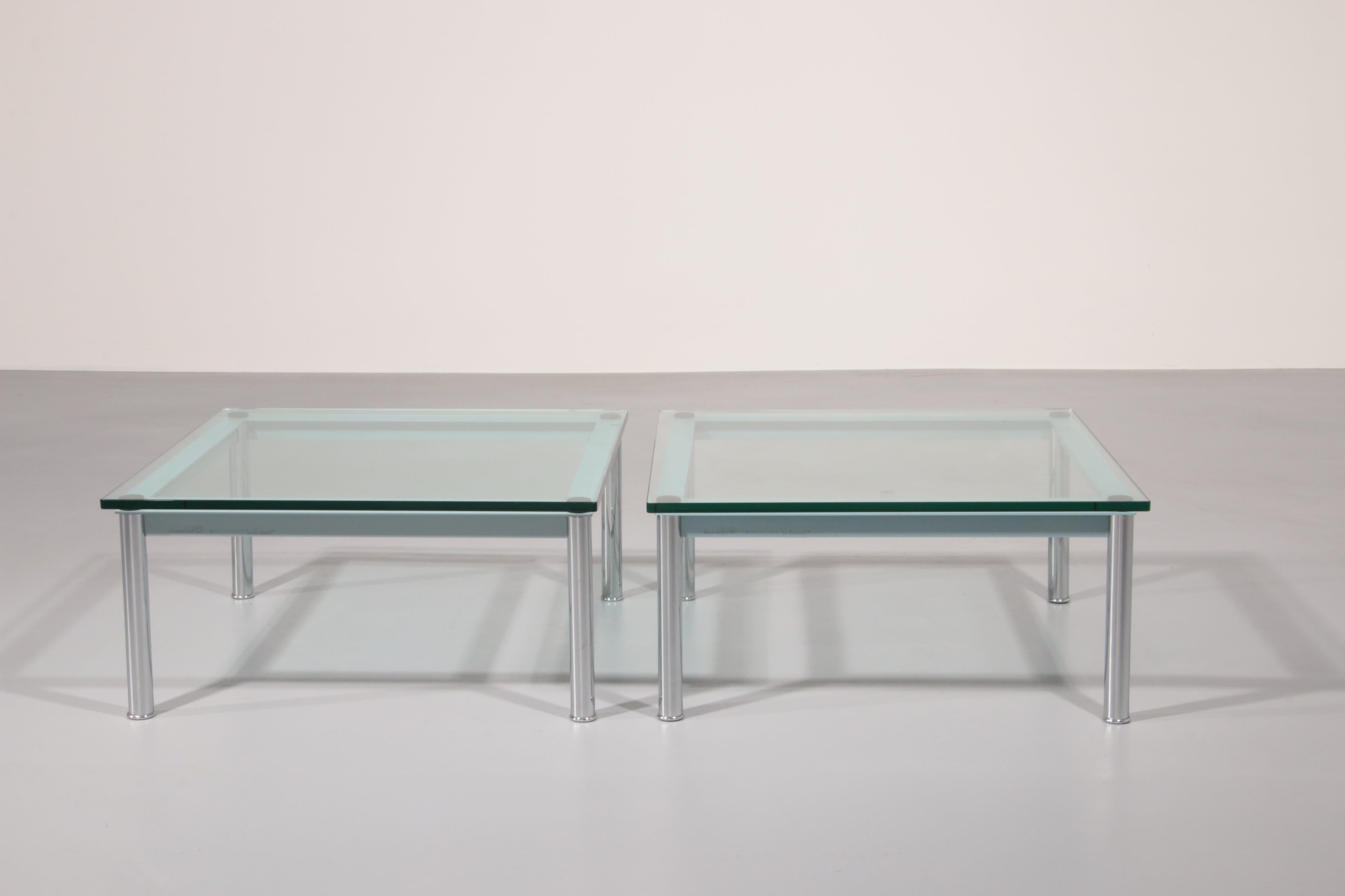 Cassina LC-10 Coffee Table 70×70 cm by Le Corbusier – Rare Light Blue Glass Edition