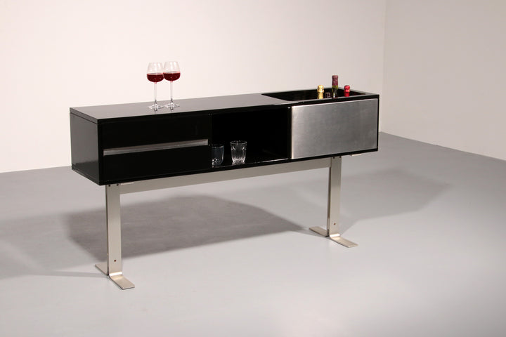 Stunning Willy Rizzo Bar / Sideboard in Black & Stainless Steel, Italy 1969