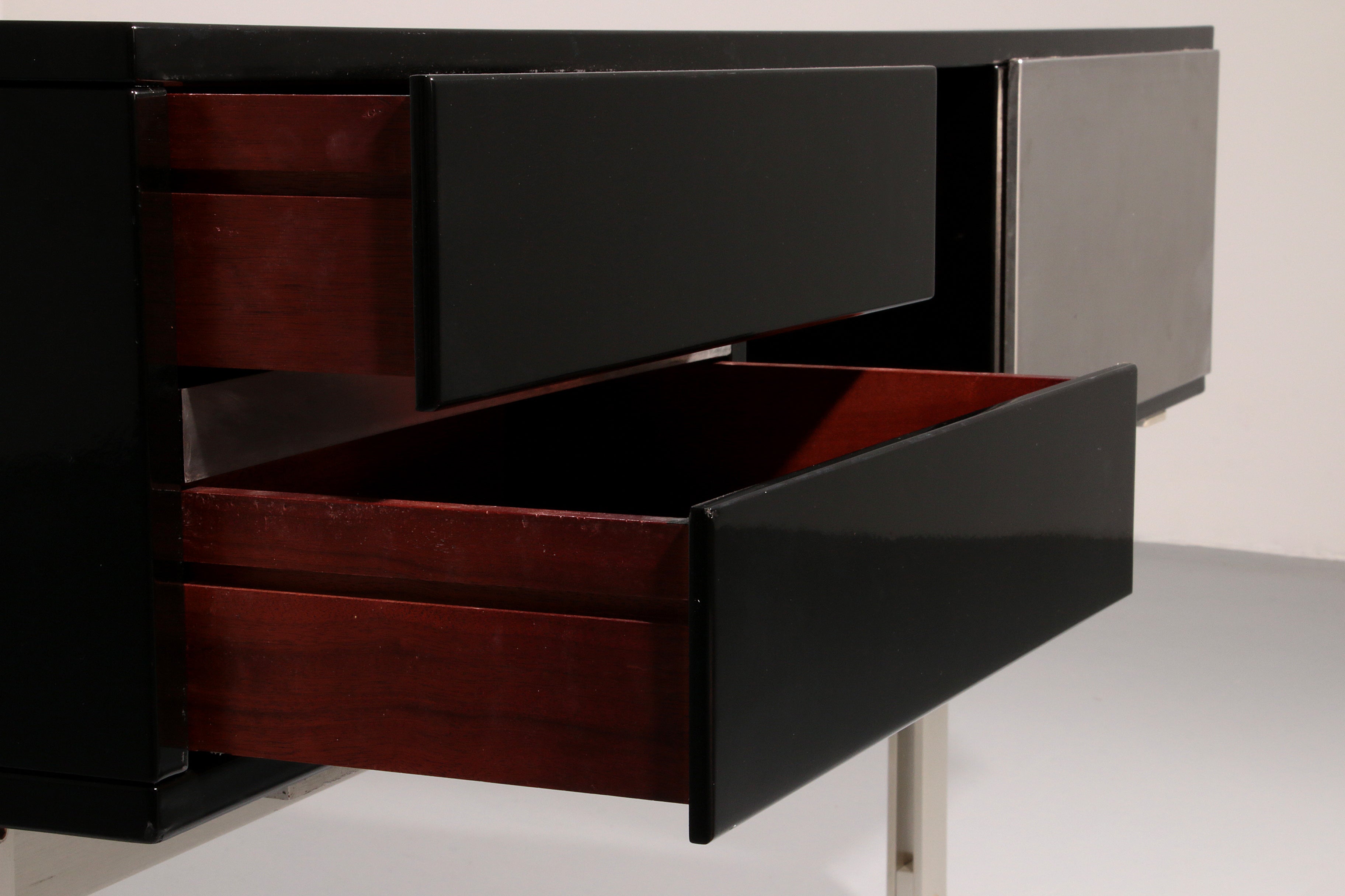 Stunning Willy Rizzo Bar / Sideboard in Black & Stainless Steel, Italy 1969
