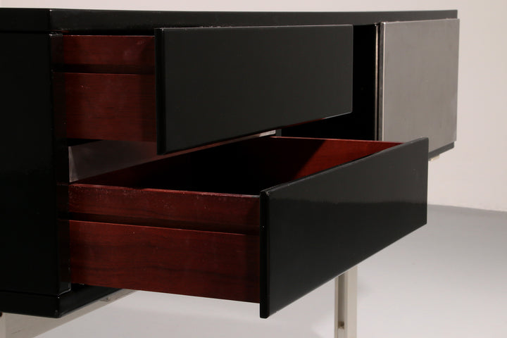 Stunning Willy Rizzo Bar / Sideboard in Black & Stainless Steel, Italy 1969