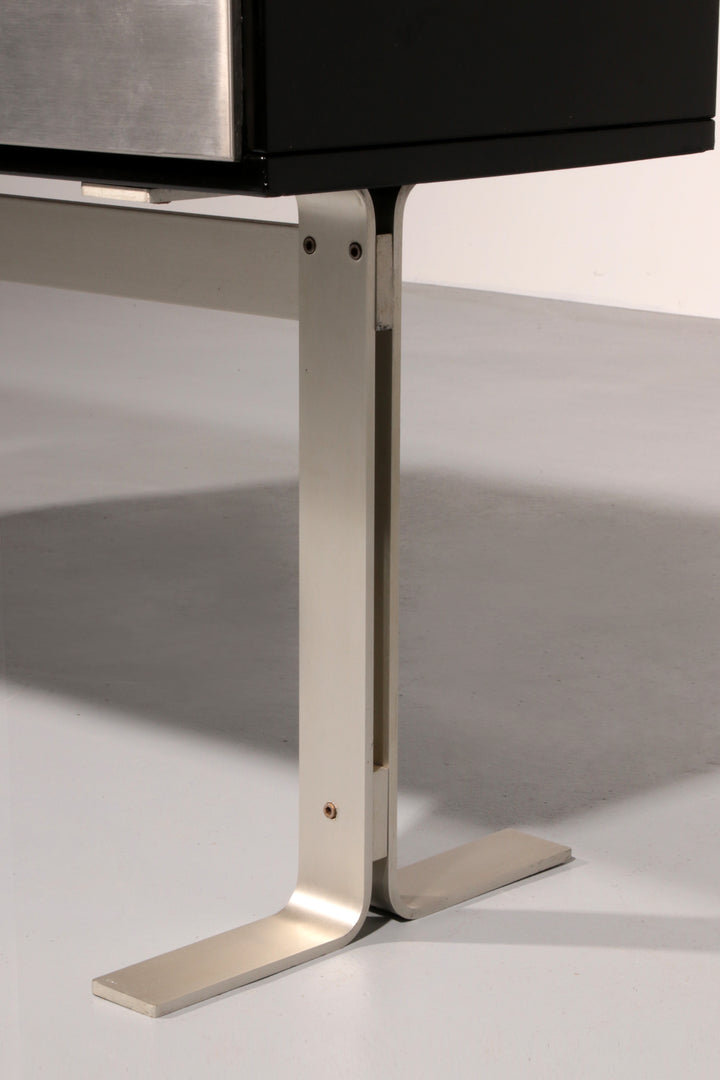 Stunning Willy Rizzo Bar / Sideboard in Black & Stainless Steel, Italy 1969