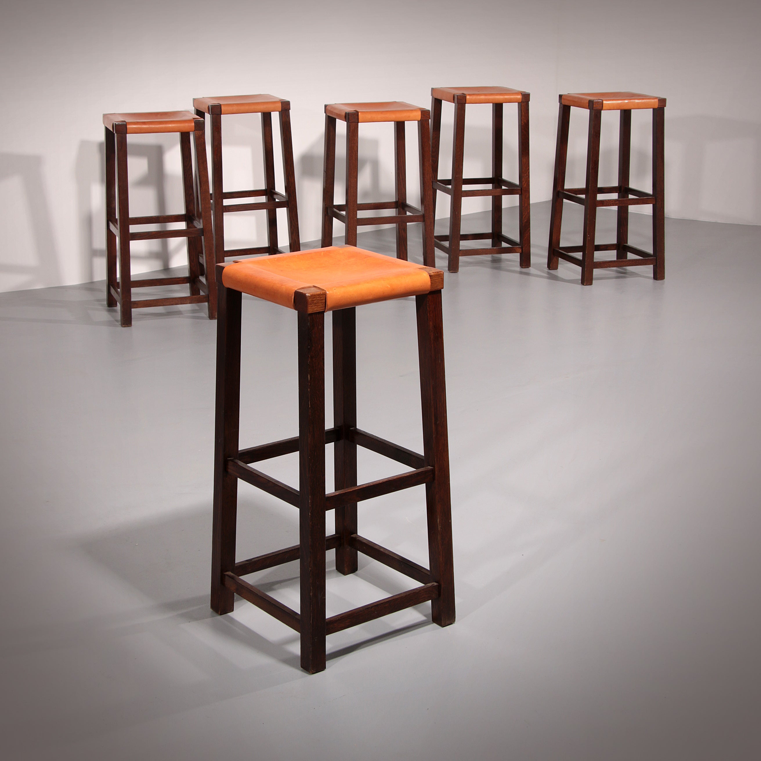 Set of 6 Mid Century Oak Bar Stools with Cognac Leather Seats