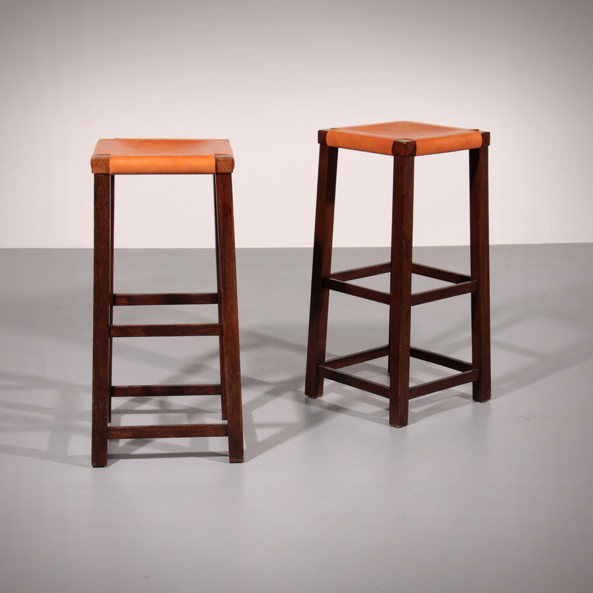 Set of 6 Mid Century Oak Bar Stools with Cognac Leather Seats