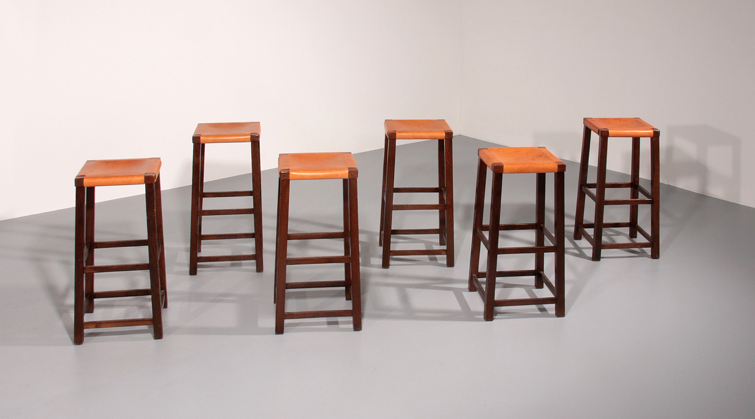 Set of 6 Mid Century Oak Bar Stools with Cognac Leather Seats