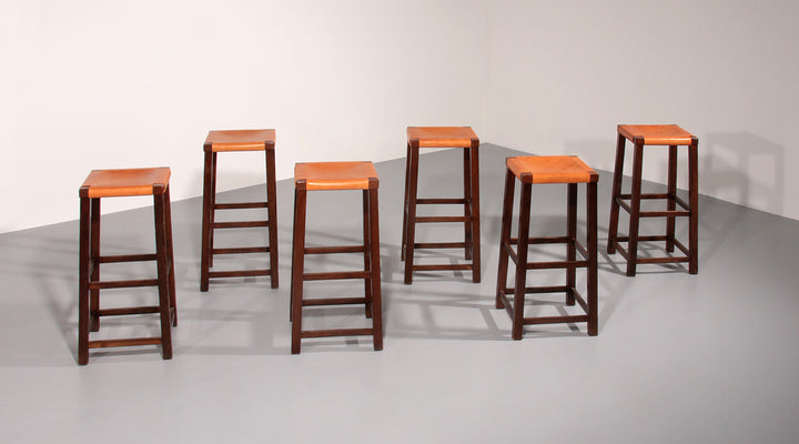 Set of 6 Mid Century Oak Bar Stools with Cognac Leather Seats