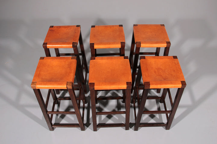 Set of 6 Mid Century Oak Bar Stools with Cognac Leather Seats