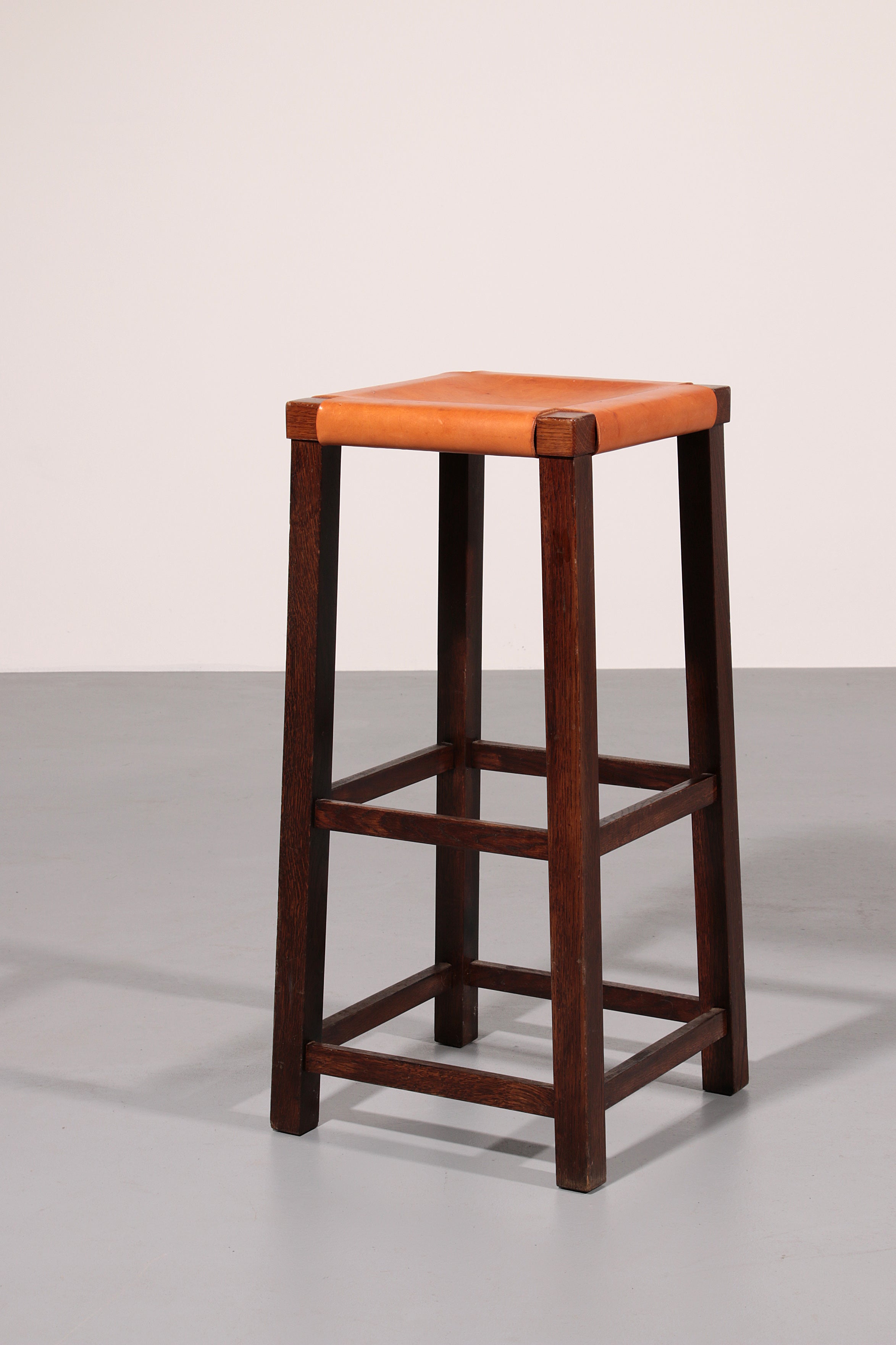 Set of 6 Mid Century Oak Bar Stools with Cognac Leather Seats