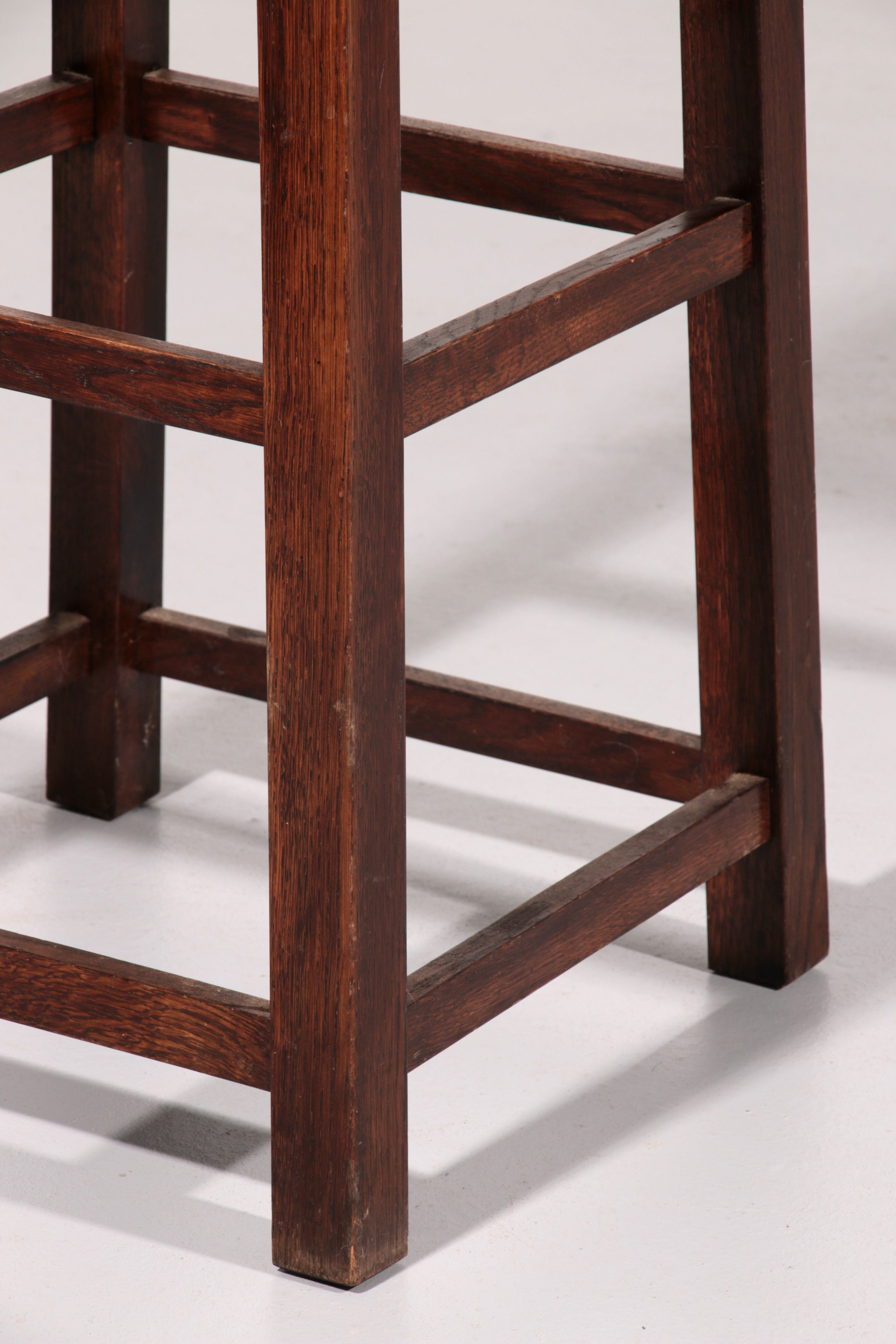 Set of 6 Mid Century Oak Bar Stools with Cognac Leather Seats
