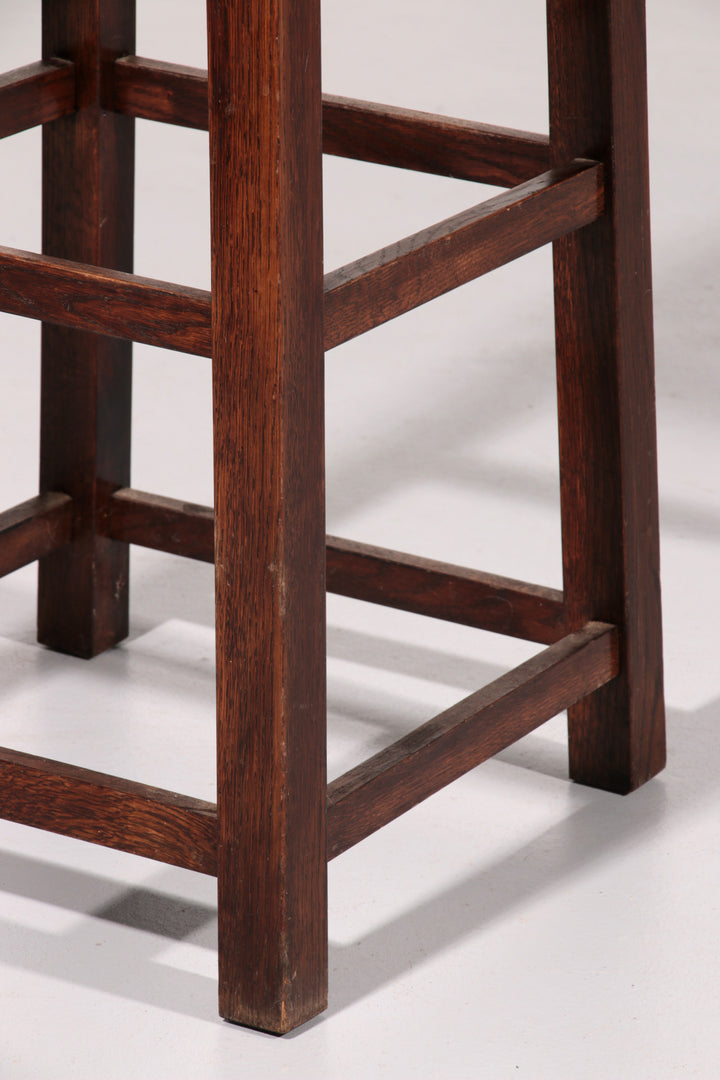 Set of 6 Mid Century Oak Bar Stools with Cognac Leather Seats