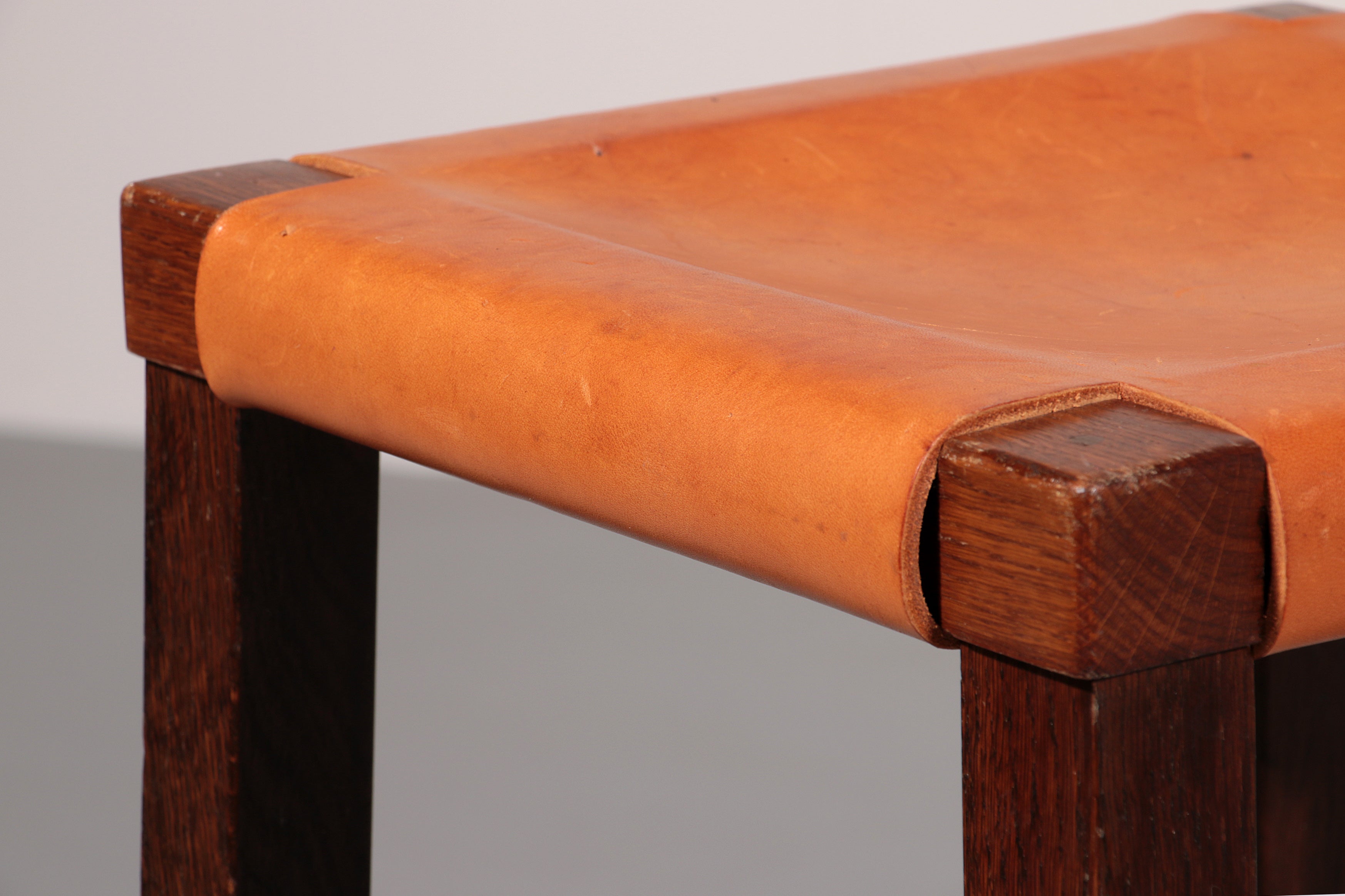 Set of 6 Mid Century Oak Bar Stools with Cognac Leather Seats