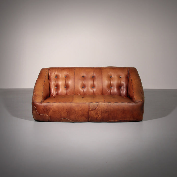 Rare 1970s Italian Brutalist Leather Loveseat – Sculptural Two-Seater