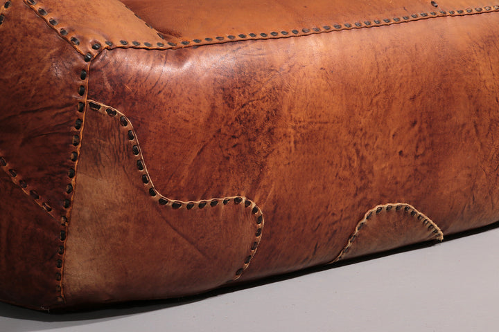 Rare 1970s Italian Brutalist Leather Loveseat – Sculptural Two-Seater