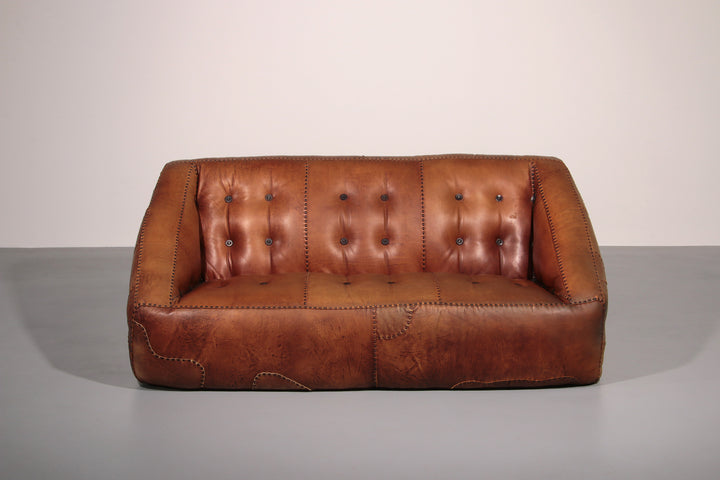 Rare 1970s Italian Brutalist Leather Loveseat – Sculptural Two-Seater