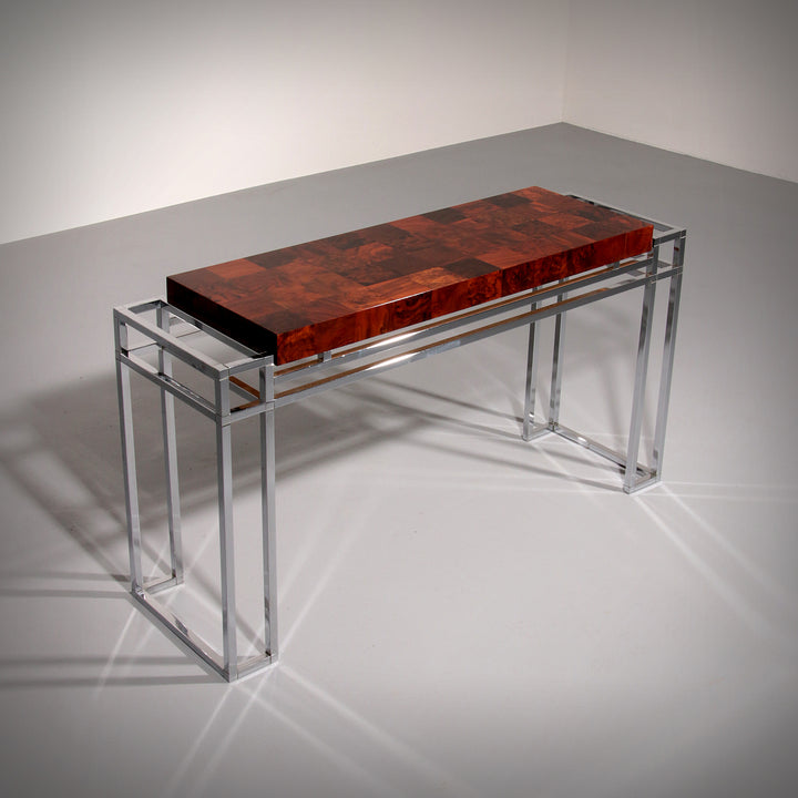Chrome and Wood Console Table from Aldo Tura, 1970s