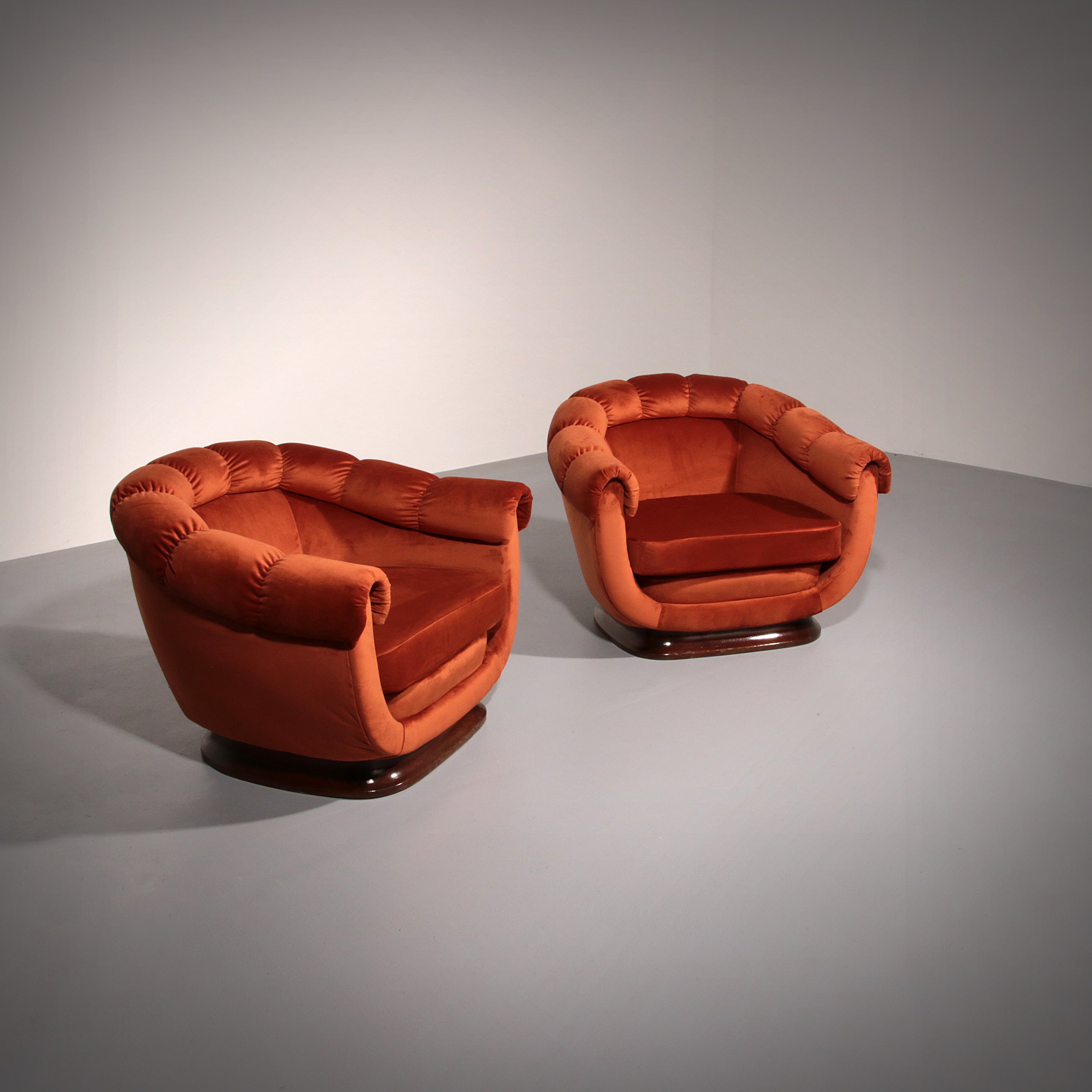 Italian Lounge Chairs from the 1950s in Orange Copper Velvet