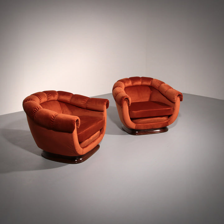 Italian Lounge Chairs from the 1950s in Orange Copper Velvet