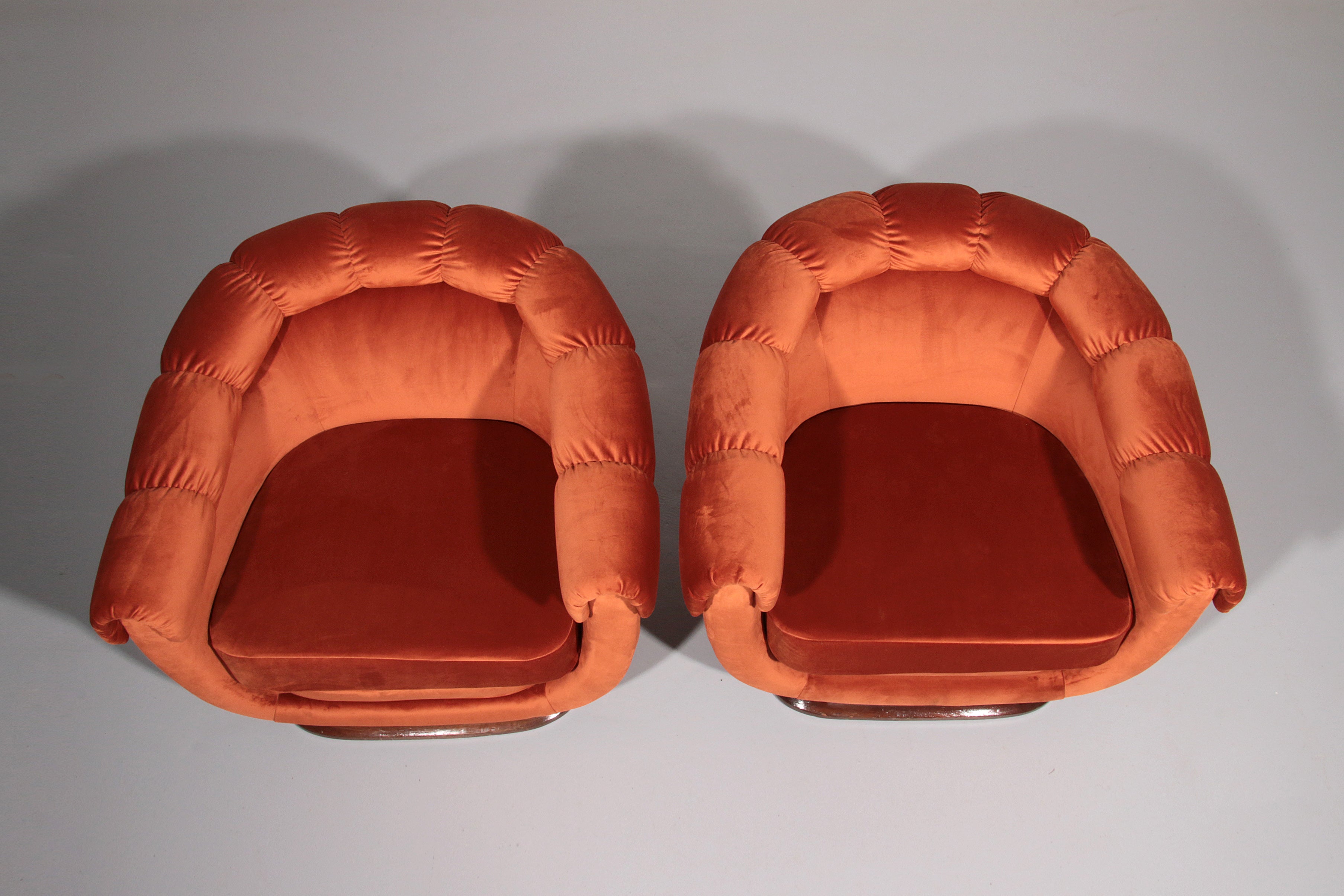Italian Lounge Chairs from the 1950s in Orange Copper Velvet