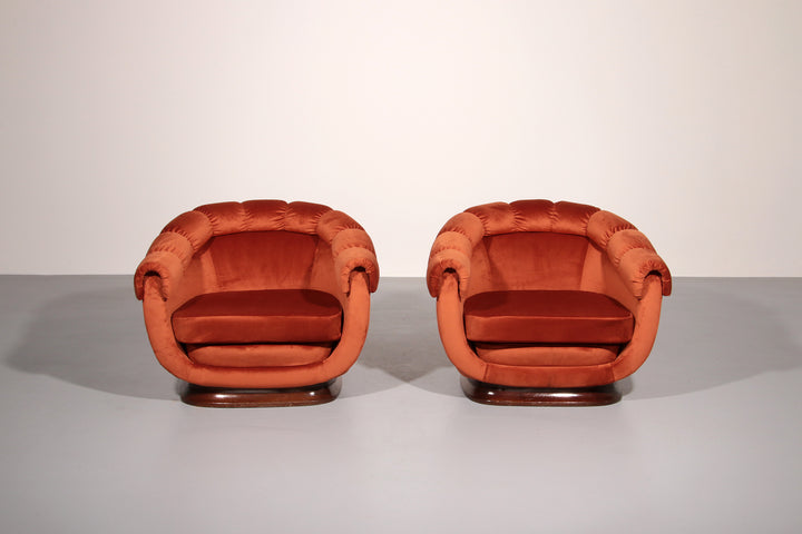 Italian Lounge Chairs from the 1950s in Orange Copper Velvet