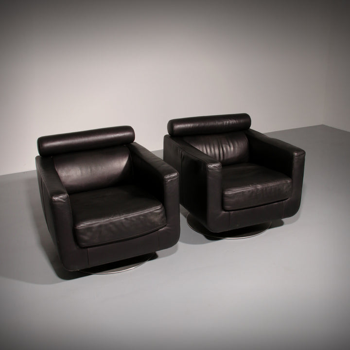 Italian Modern Leather Swivel Lounge Chair Steel by Natuzzi, Italy 1970
