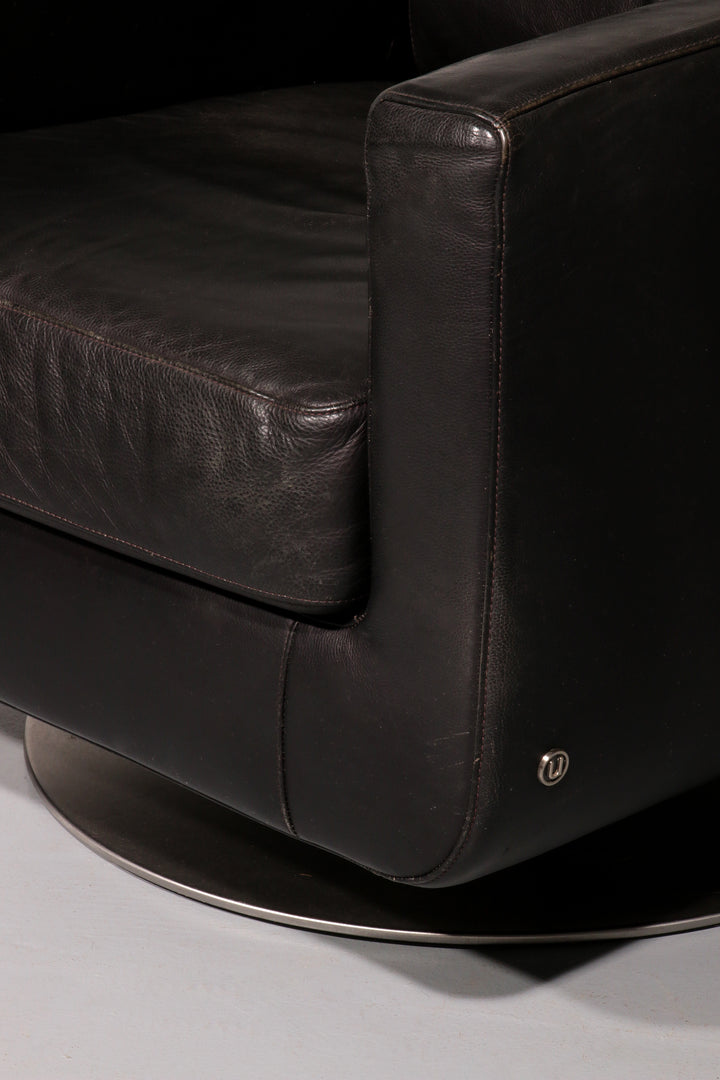 Italian Modern Leather Swivel Lounge Chair Steel by Natuzzi, Italy 1970