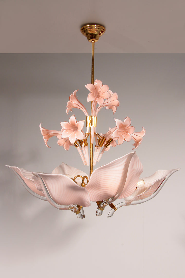 Pink Lily,Spectacular Murano Chandelier by Franco Luce,1970