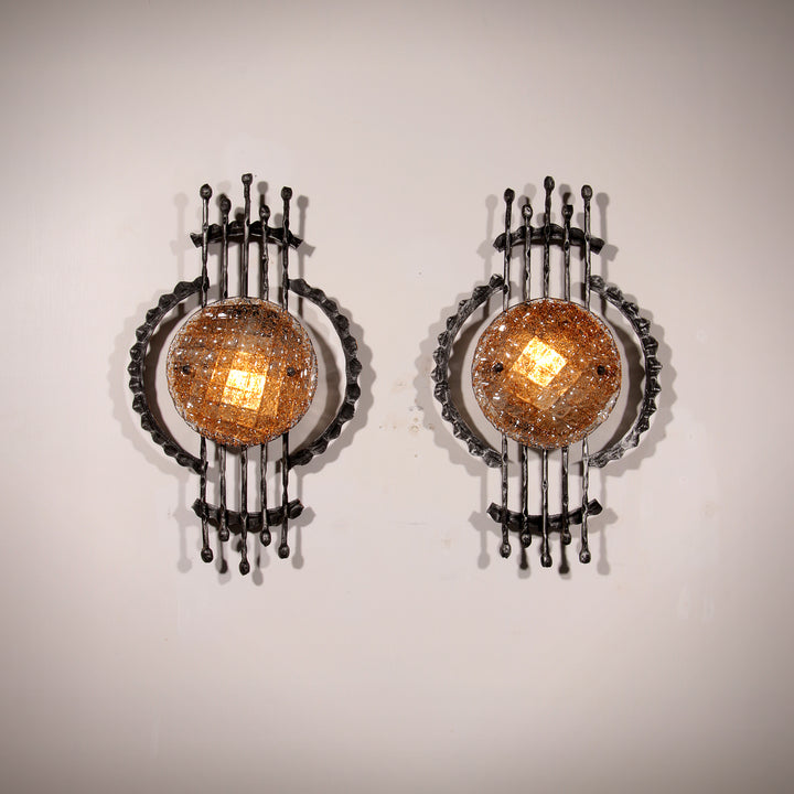 Pair of wrought iron and murano glass wall lights by Tom Ahlström & Hans Ehrich. 1970