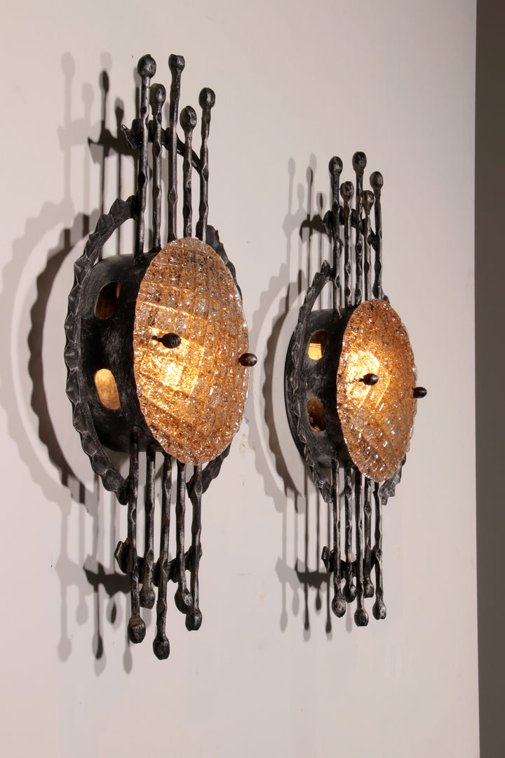 Pair of wrought iron and murano glass wall lights by Tom Ahlström & Hans Ehrich. 1970