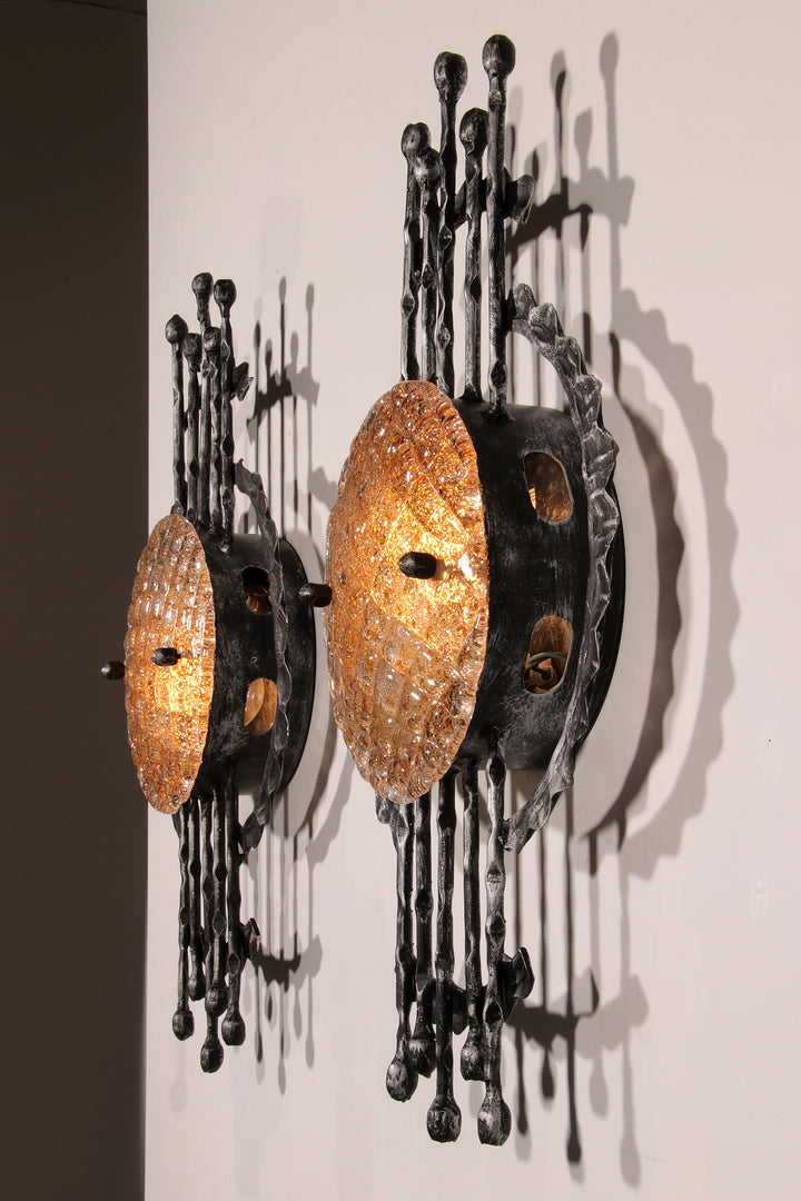 Pair of wrought iron and murano glass wall lights by Tom Ahlström & Hans Ehrich. 1970