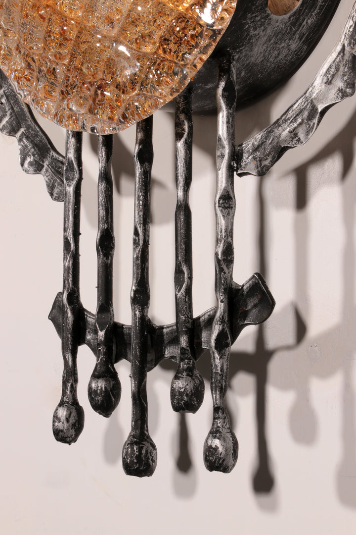 Pair of wrought iron and murano glass wall lights by Tom Ahlström & Hans Ehrich. 1970