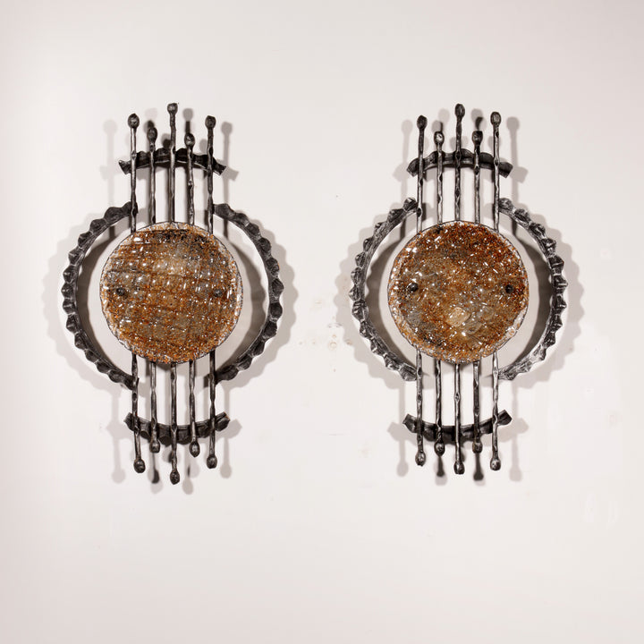 Pair of wrought iron and murano glass wall lights by Tom Ahlström & Hans Ehrich. 1970