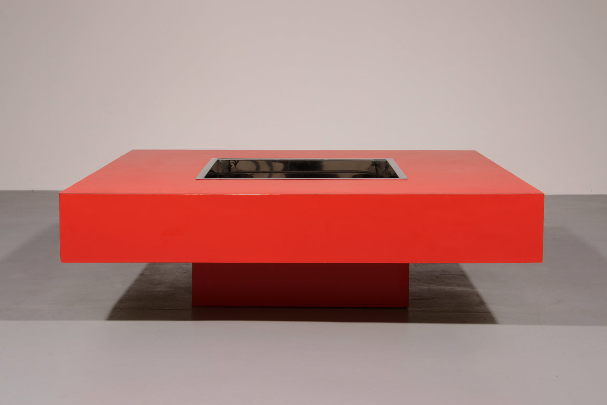 Large Square Coffee Table with Bar by Willy Rizzo Italy, 1970s