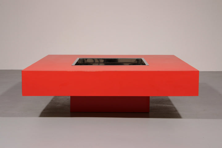Large Square Coffee Table with Bar by Willy Rizzo Italy, 1970s