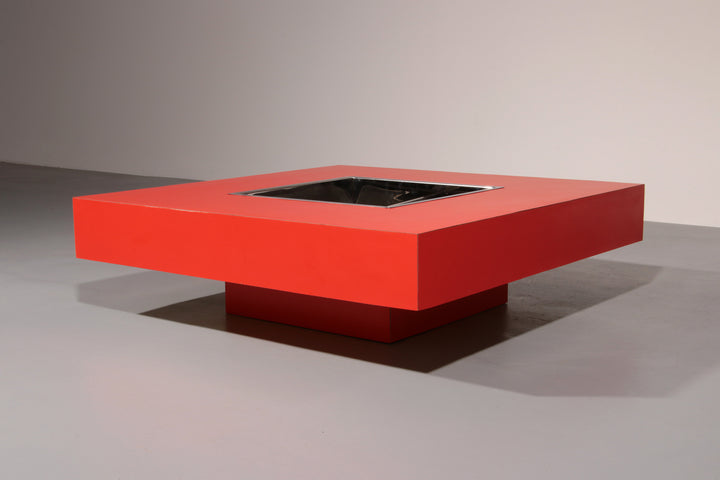 Large Square Coffee Table with Bar by Willy Rizzo Italy, 1970s