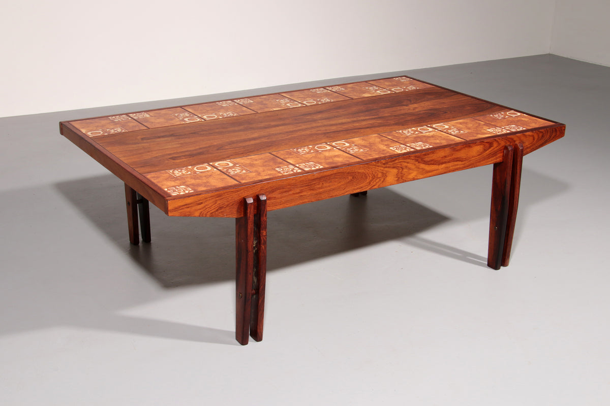 Danish wooden  Coffee Table with Handmade Ceramic Tiles  1970s