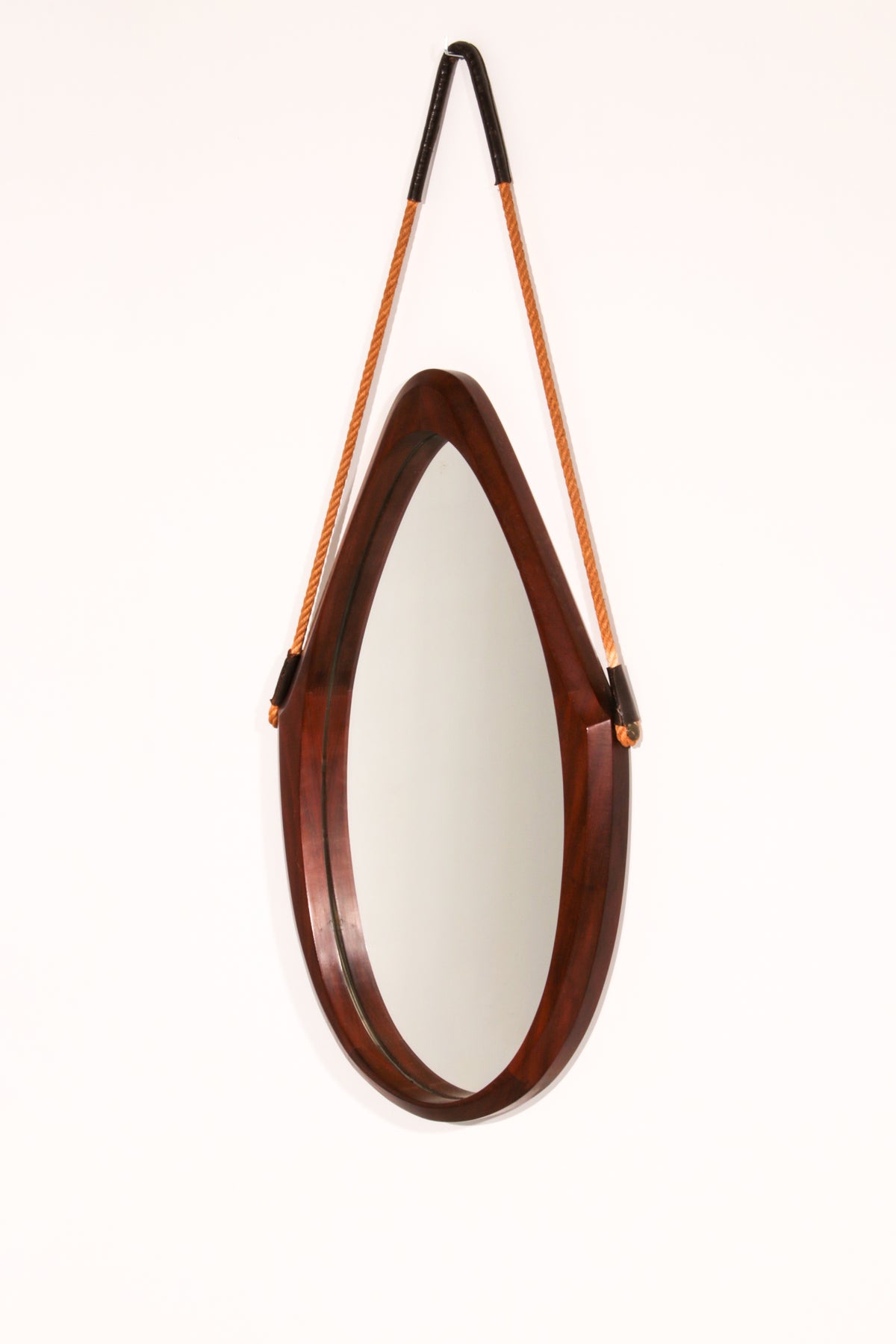 Mid-Century Italian Oval Mirror in Curved Teak, Rope and Leather, 1960s