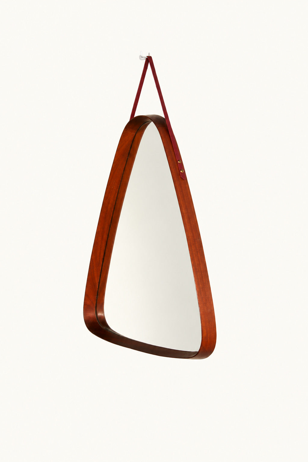 Mid-Century Italian triangular Mirror in Curved Teak and Leather, 1960s
