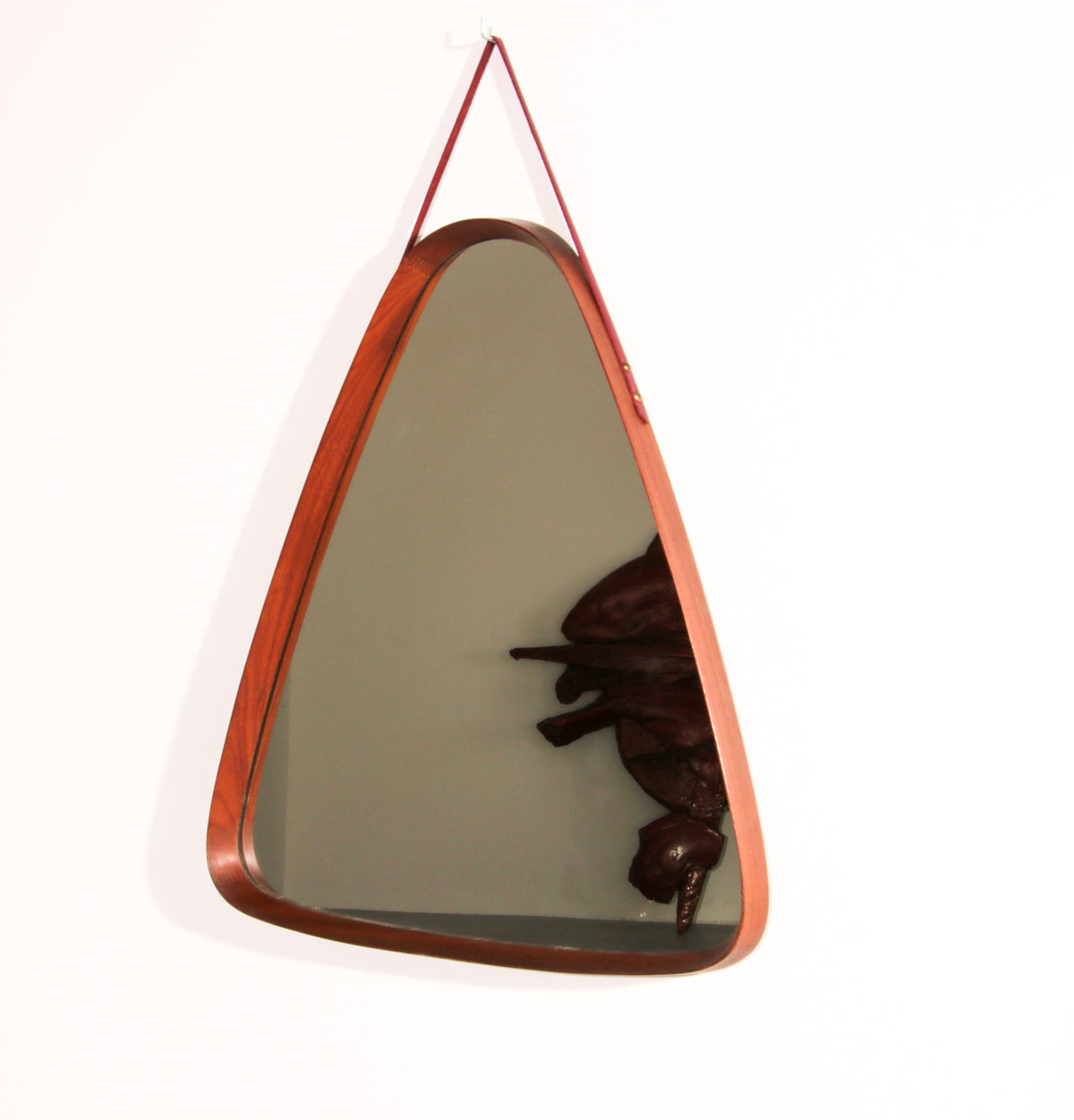 Mid-Century Italian triangular Mirror in Curved Teak and Leather, 1960s