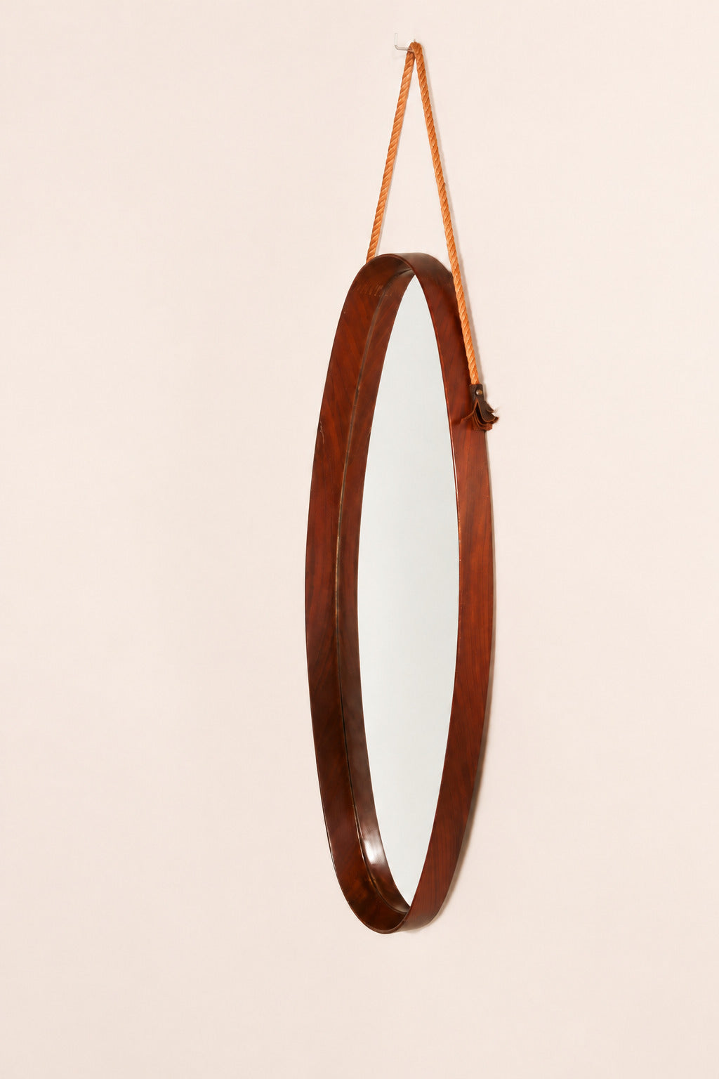 Mid-Century Italian Oval Mirror in Curved Teak, Rope and Leather, 1960s