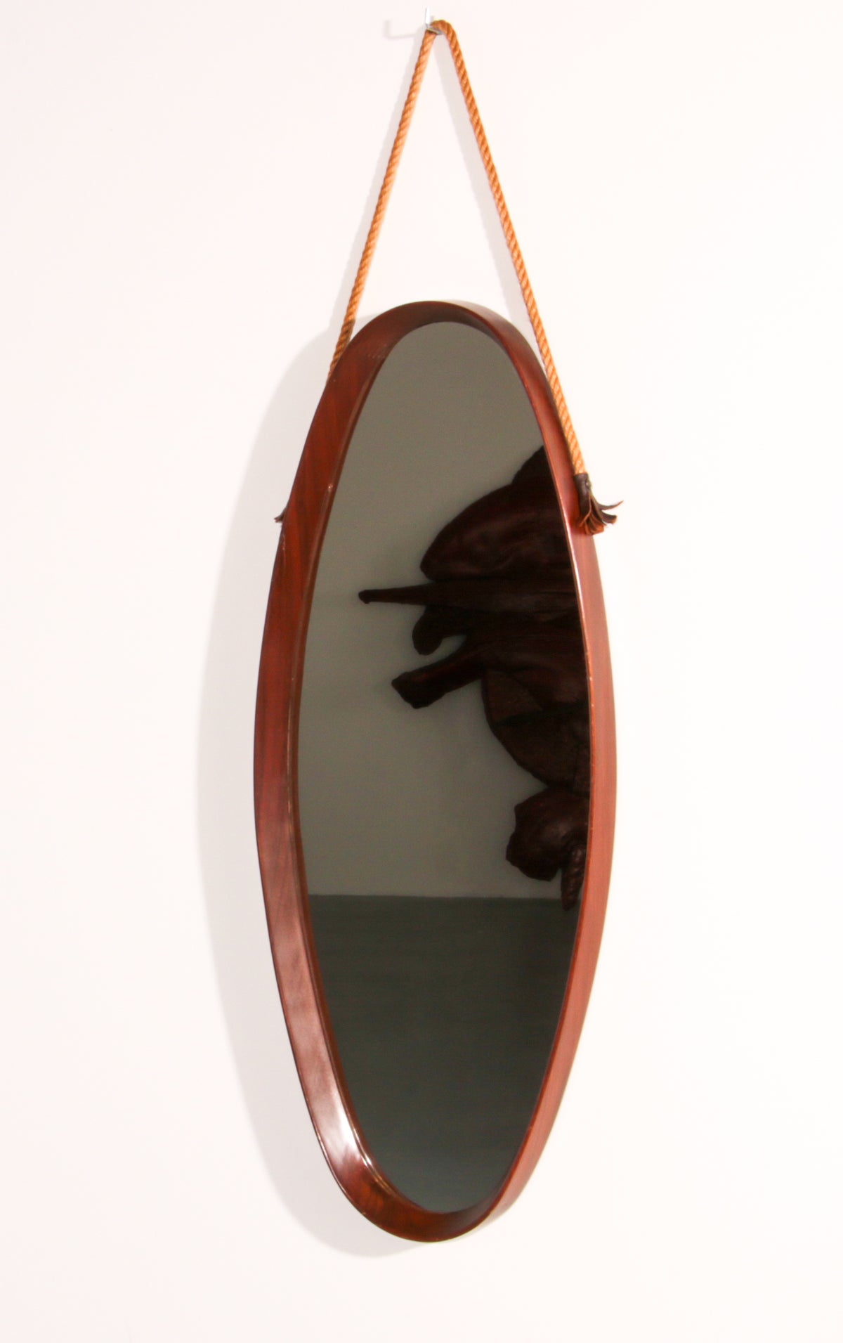 Mid-Century Italian Oval Mirror in Curved Teak, Rope and Leather, 1960s