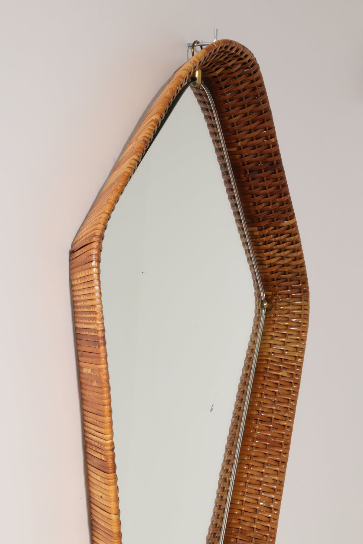 Italian Mid-Century Rattan Wall Mirror – Sculptural 1950s Design with Brass Details