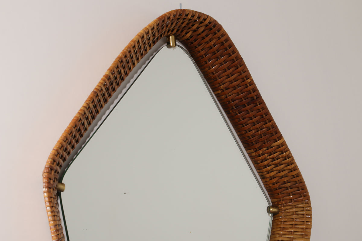 Italian Mid-Century Rattan Wall Mirror – Sculptural 1950s Design with Brass Details