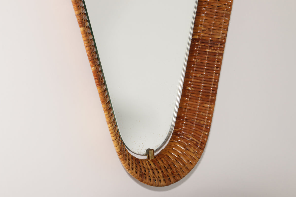 Italian Mid-Century Rattan Wall Mirror – Sculptural 1950s Design with Brass Details