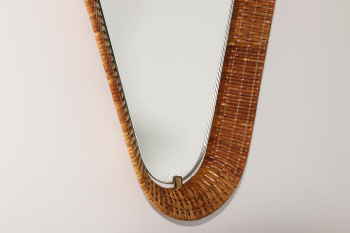 Italian Mid-Century Rattan Wall Mirror – Sculptural 1950s Design with Brass Details