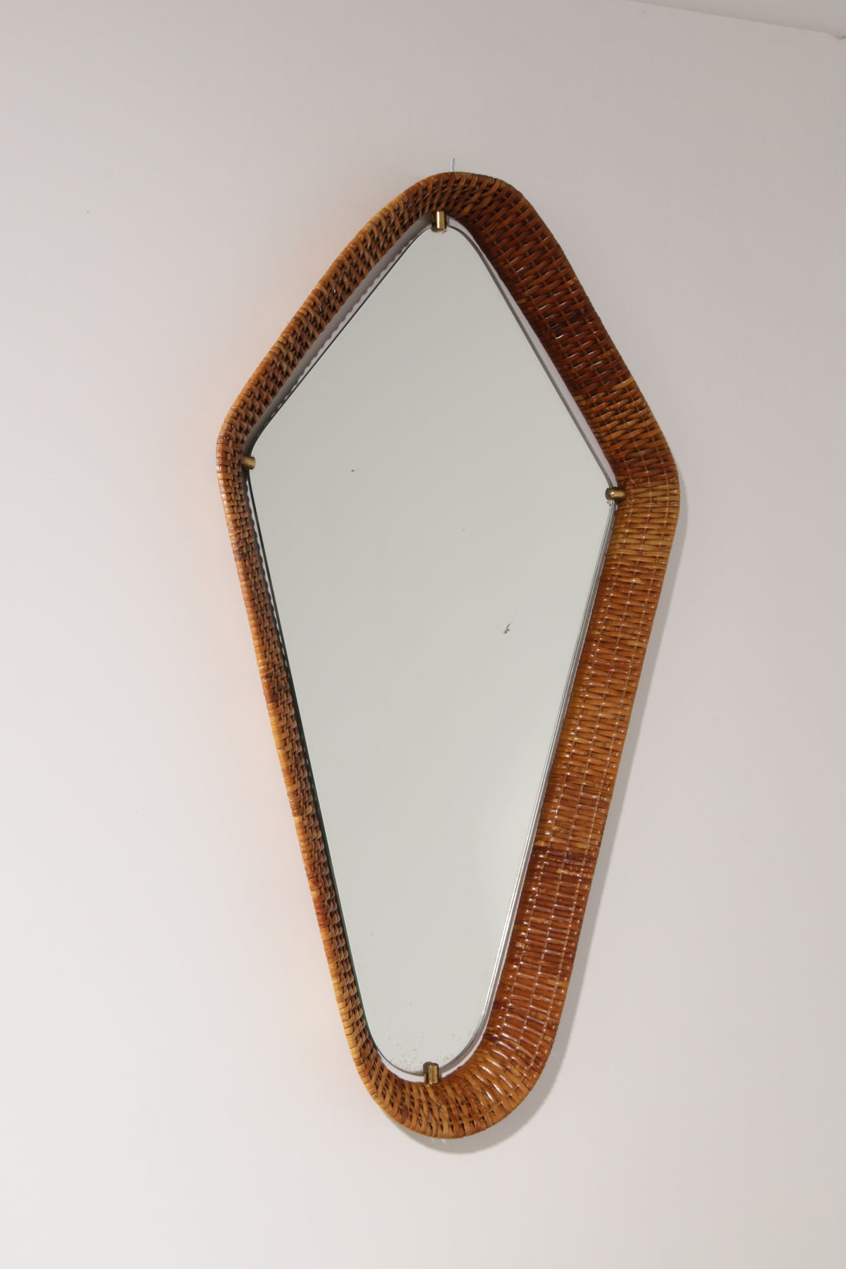 Italian Mid-Century Rattan Wall Mirror – Sculptural 1950s Design with Brass Details