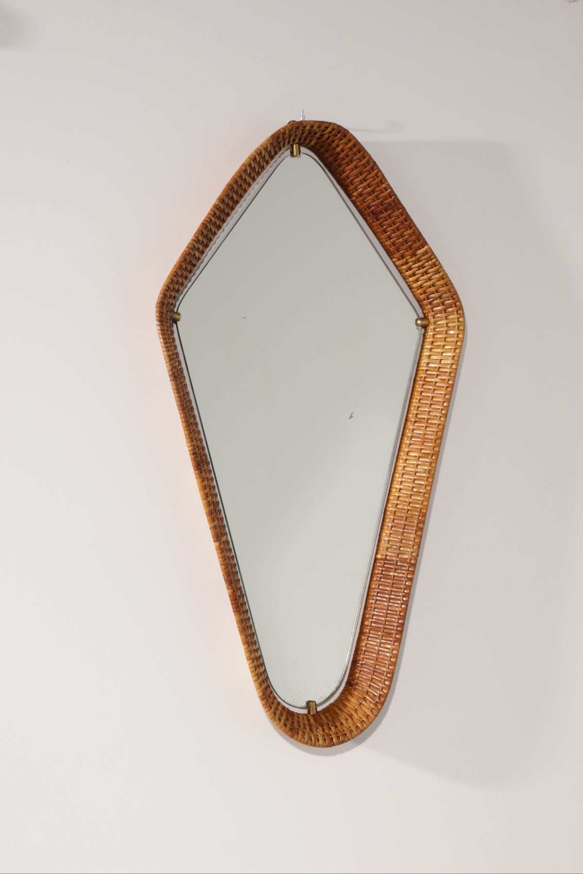 Italian Mid-Century Rattan Wall Mirror – Sculptural 1950s Design with Brass Details